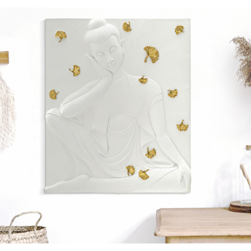 Déco murale zen Bouddha 46x55 en Résine Blanc Doré Zelin 