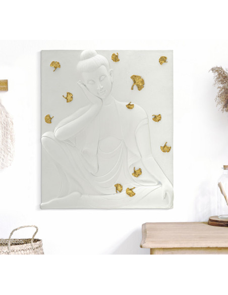 Déco murale zen Bouddha 46x55 en Résine Blanc Doré Zelin 