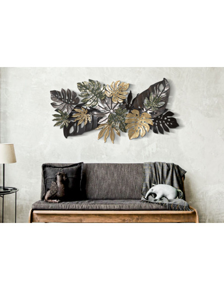 Grande Déco murale Feuilles tropicales 133x67 en Métal Vert Marron Doré Nerya 