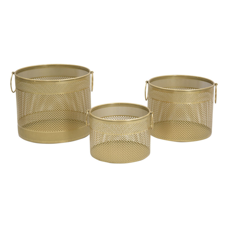 Cache pot moderne ajouré avec poignées Rond en Métal Doré Milor (Lot de 3) 