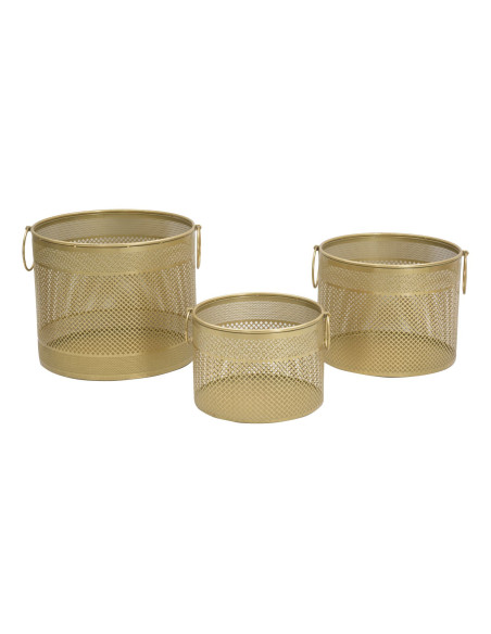 Cache pot moderne ajouré avec poignées Rond en Métal Doré Milor (Lot de 3) 