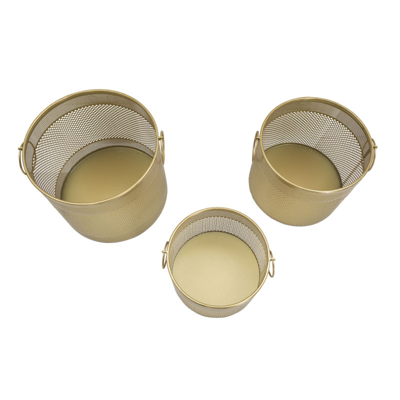 Cache pot moderne ajouré avec poignées Rond en Métal Doré Milor (Lot de 3) 