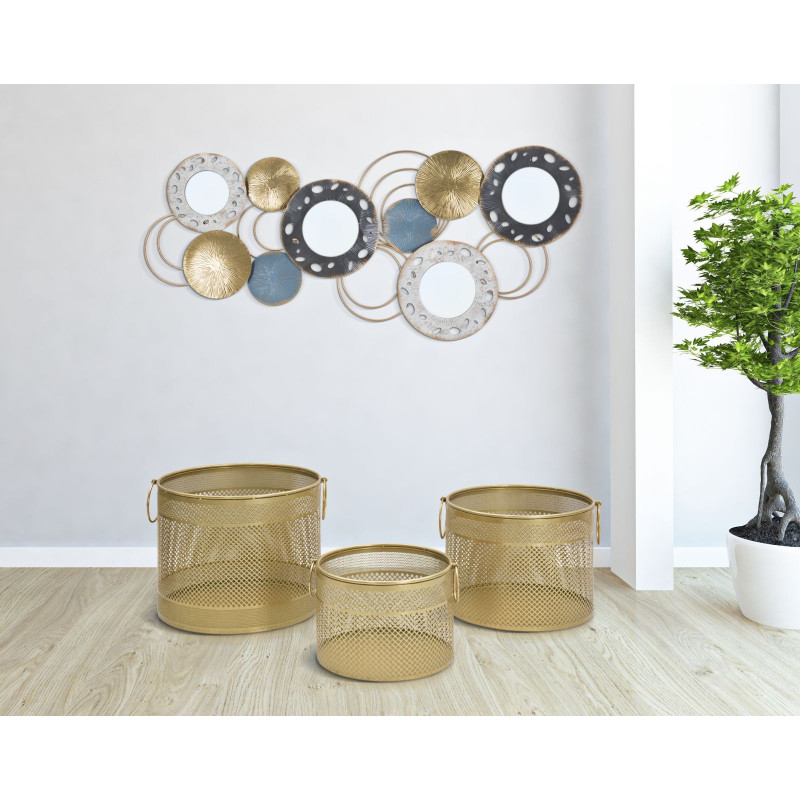 Cache pot moderne ajouré avec poignées Rond en Métal Doré Milor (Lot de 3) 