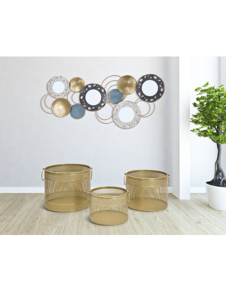 Cache pot moderne ajouré avec poignées Rond en Métal Doré Milor (Lot de 3) 