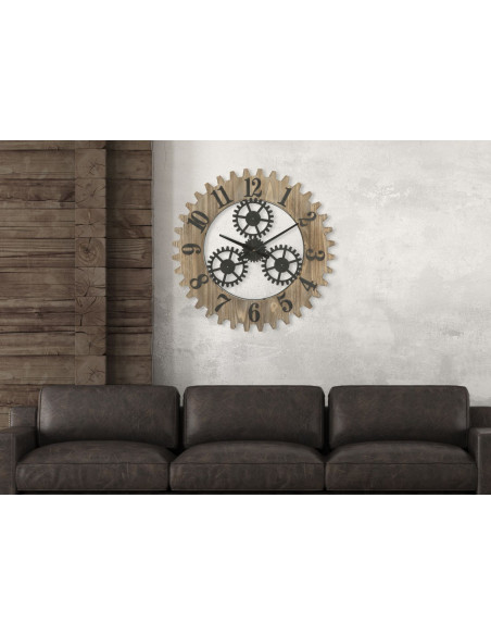 Grande Horloge murale originale Mécanisme Ronde 60 cm en Bois Naturel Métal Noir Narev 