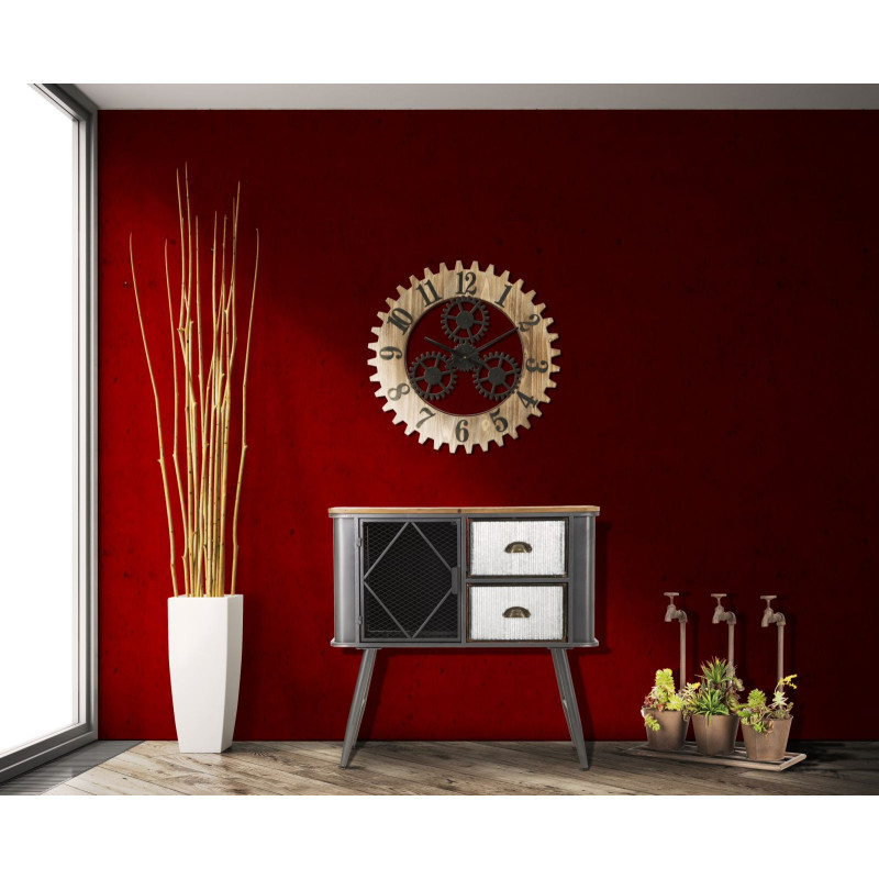 Grande Horloge murale originale Mécanisme Ronde 60 cm en Bois Naturel Métal Noir Narev 