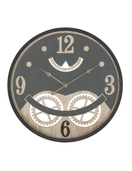 Grande Horloge murale industrielle Mecansime Ronde 67 cm en Métal Noir Bois Naturel Verre Myran 