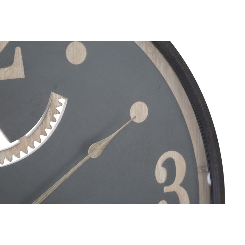 Grande Horloge murale industrielle Mecansime Ronde 67 cm en Métal Noir Bois Naturel Verre Myran 