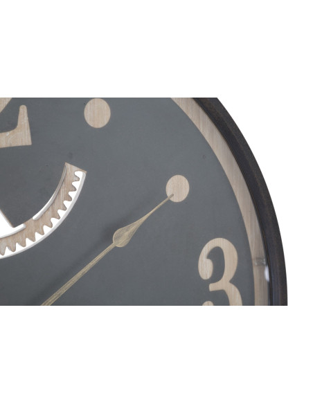 Grande Horloge murale industrielle Mecansime Ronde 67 cm en Métal Noir Bois Naturel Verre Myran 