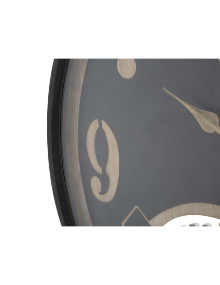 Grande Horloge murale industrielle Mecansime Ronde 67 cm en Métal Noir Bois Naturel Verre Myran 