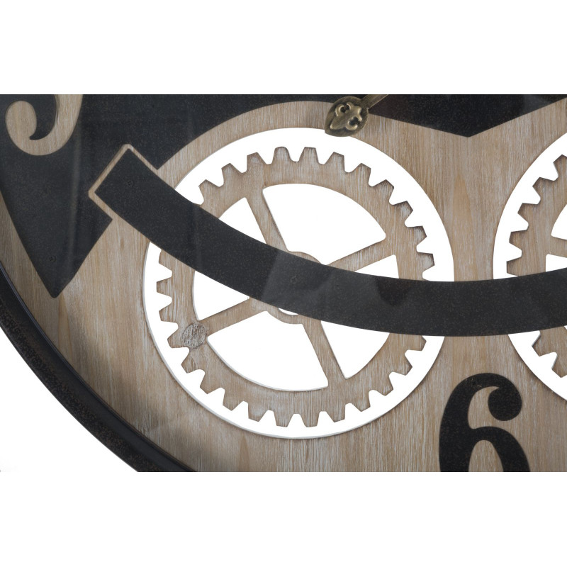 Grande Horloge murale industrielle Mecansime Ronde 67 cm en Métal Noir Bois Naturel Verre Myran 