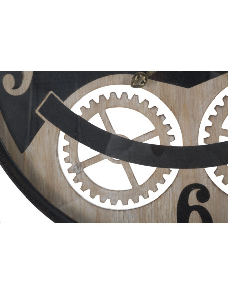 Grande Horloge murale industrielle Mecansime Ronde 67 cm en Métal Noir Bois Naturel Verre Myran 