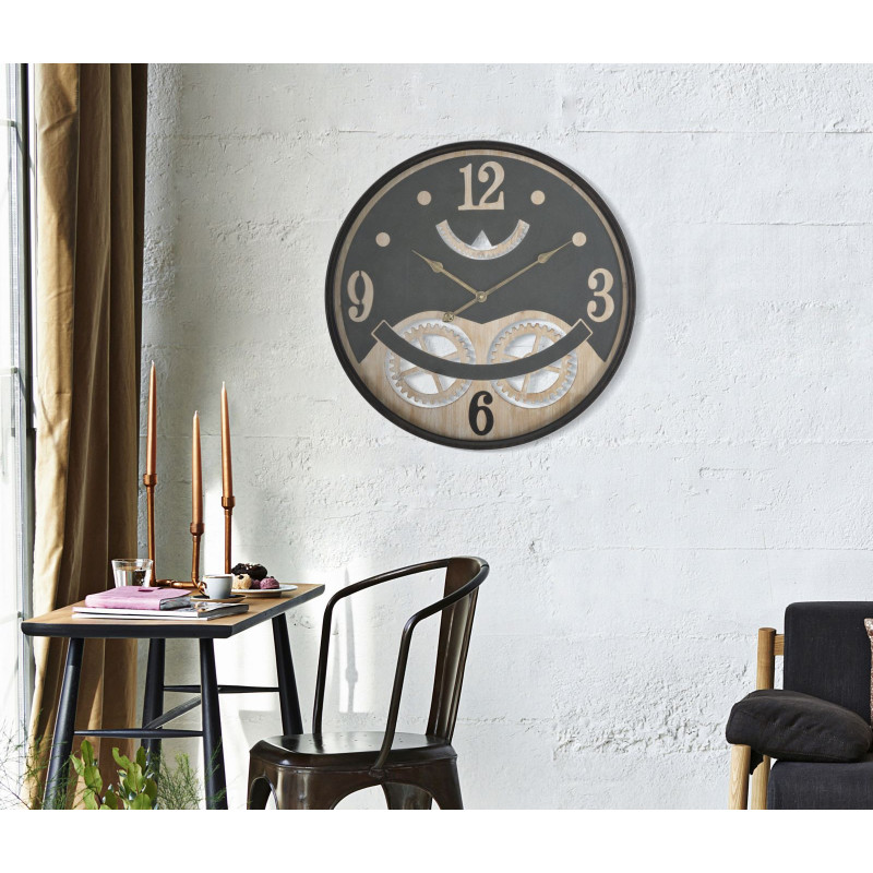 Grande Horloge murale industrielle Mecansime Ronde 67 cm en Métal Noir Bois Naturel Verre Myran 
