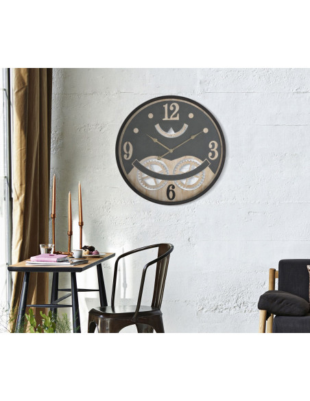 Grande Horloge murale industrielle Mecansime Ronde 67 cm en Métal Noir Bois Naturel Verre Myran 