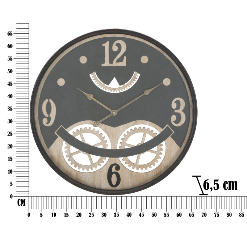 Grande Horloge murale industrielle Mecansime Ronde 67 cm en Métal Noir Bois Naturel Verre Myran 