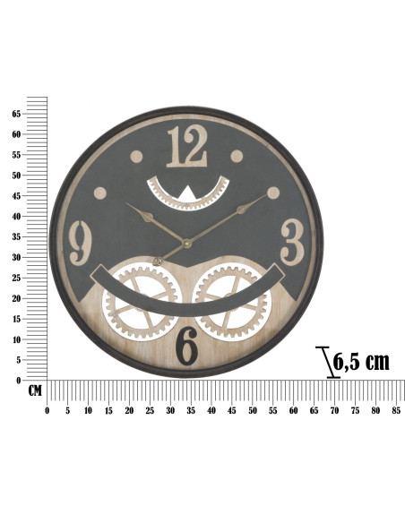 Grande Horloge murale industrielle Mecansime Ronde 67 cm en Métal Noir Bois Naturel Verre Myran 