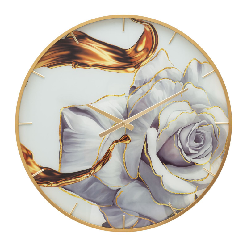 Horloge murale moderne chic Ronde 60 cm en Métal Doré Verre Motif fleur Liron 
