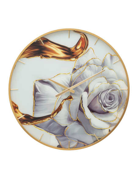 Horloge murale moderne chic Ronde 60 cm en Métal Doré Verre Motif fleur Liron 