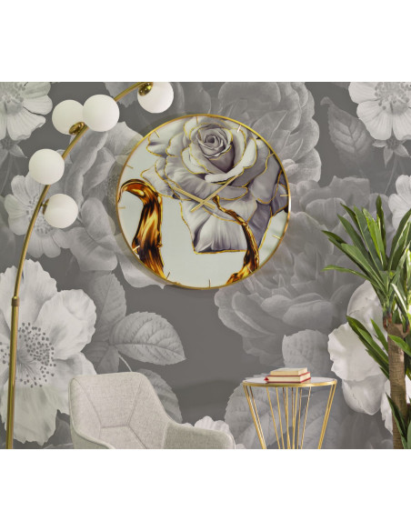 Horloge murale moderne chic Ronde 60 cm en Métal Doré Verre Motif fleur Liron 
