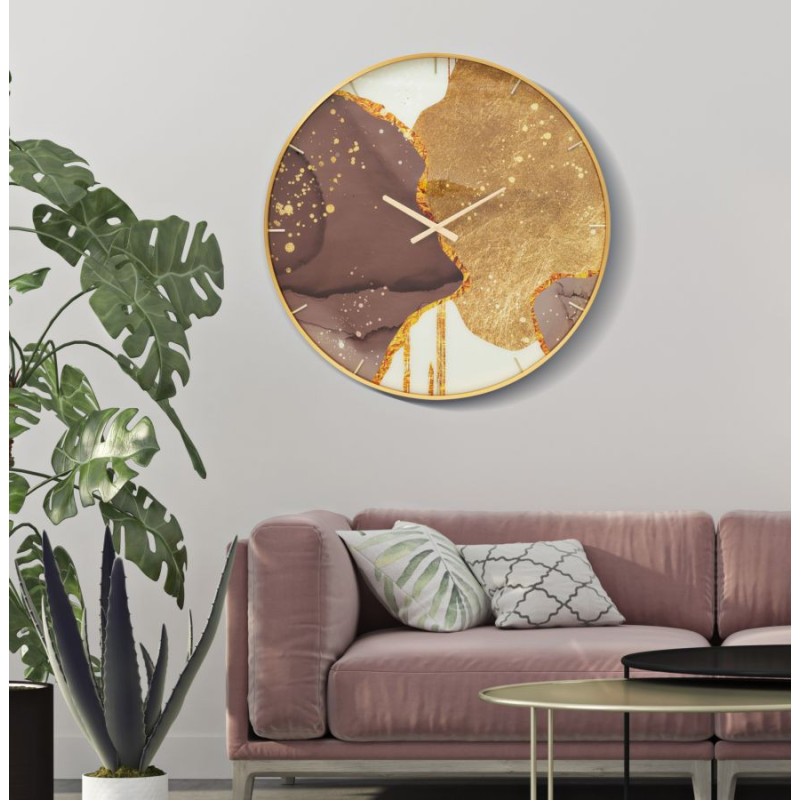 Grande Horloge murale moderne chic Ronde 80 cm en Métal Doré Verre Marron Blanc Glody - 2