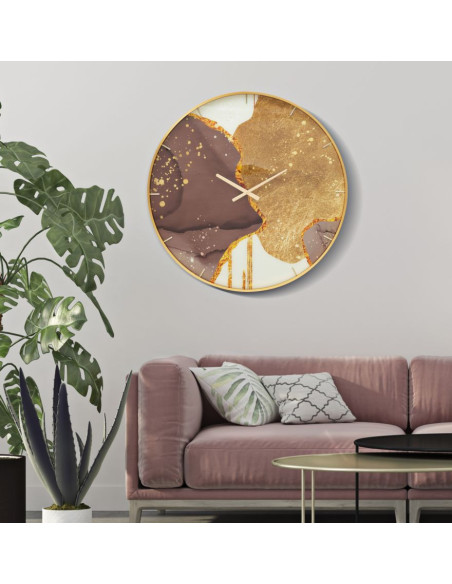 Grande Horloge murale moderne chic Ronde 80 cm en Métal Doré Verre Marron Blanc Glody - 2