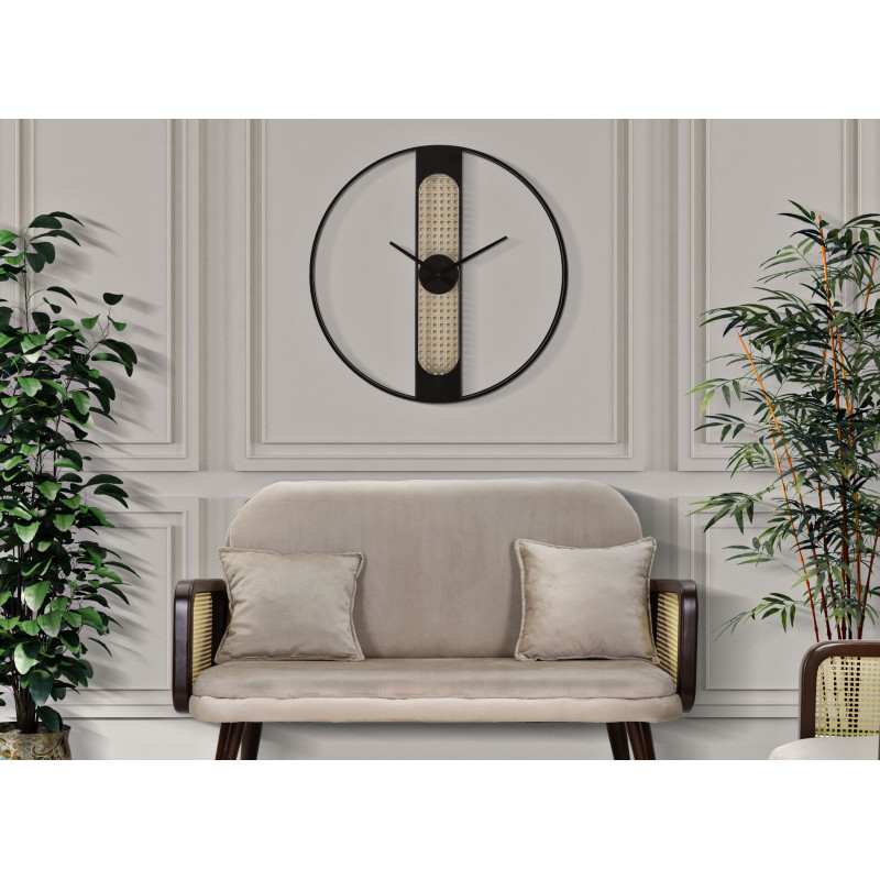 Grande Horloge murale originale Ronde 60 cm en Métal Noir Beige Cannage Ribby 