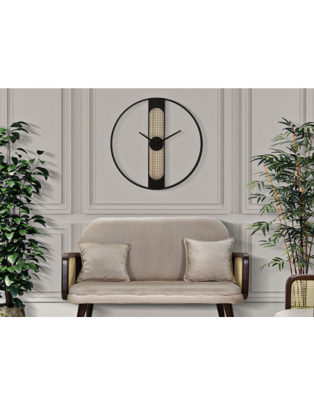 Grande Horloge murale originale Ronde 60 cm en Métal Noir Beige Cannage Ribby 