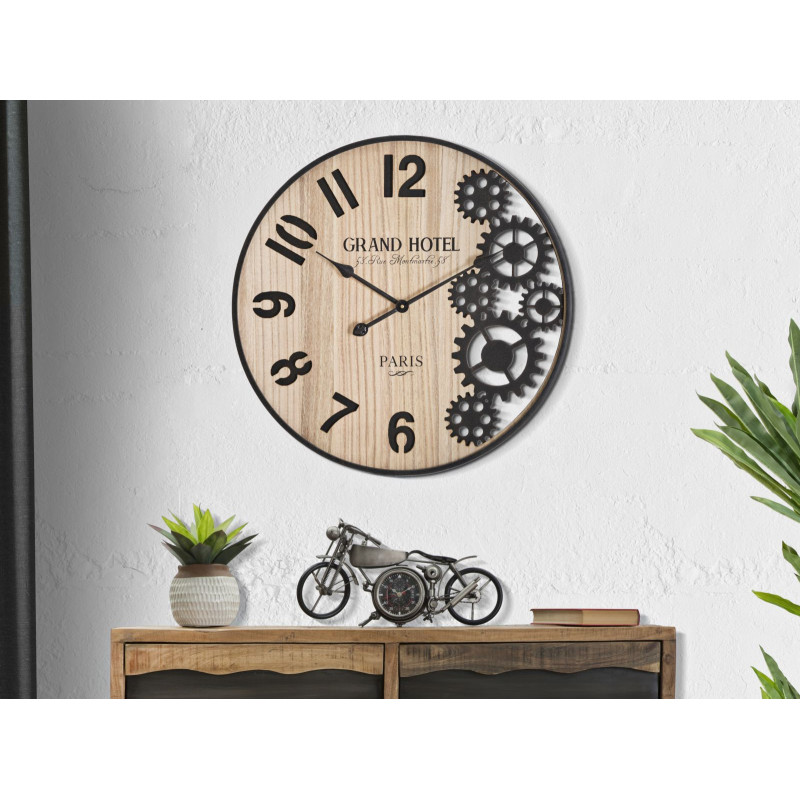 Grande Horloge murale moderne chic Ronde 60 cm en Bois Naturel Métal Noir Grand Hôtel 