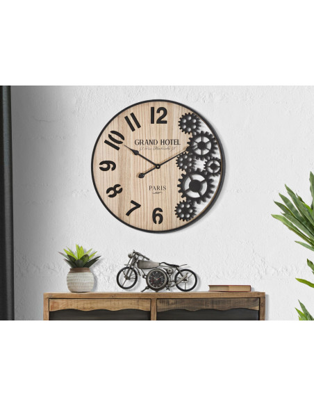 Grande Horloge murale moderne chic Ronde 60 cm en Bois Naturel Métal Noir Grand Hôtel 