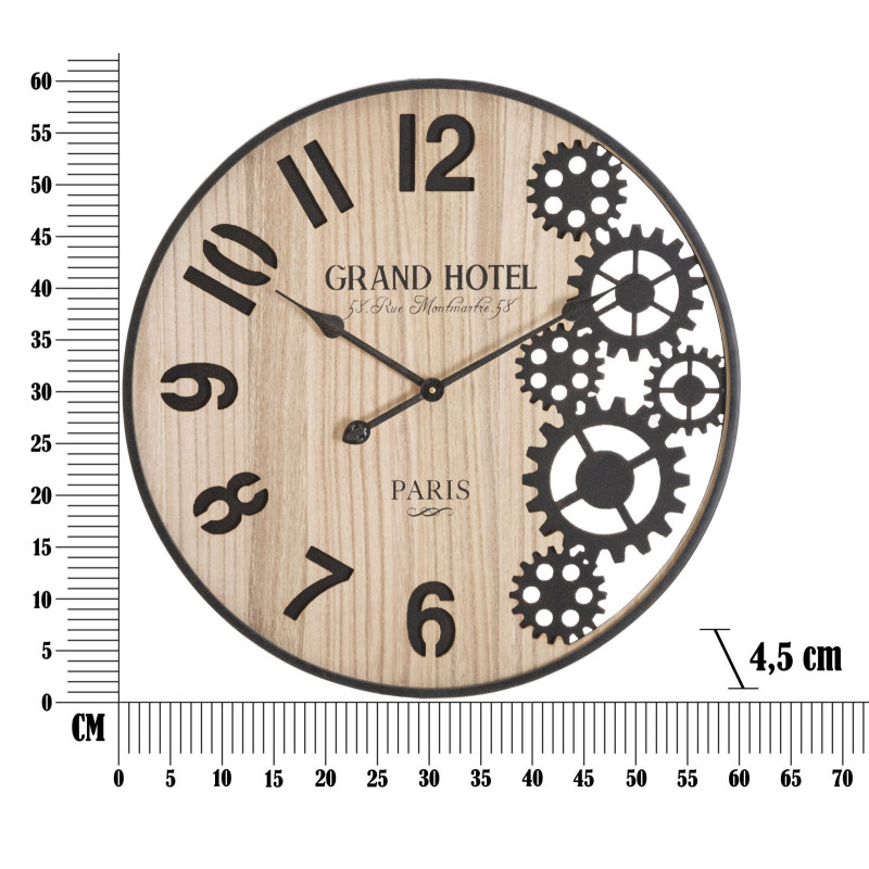 Grande Horloge murale moderne chic Ronde 60 cm en Bois Naturel Métal Noir Grand Hôtel 