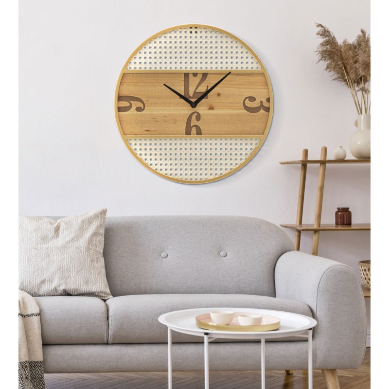 Grande Horloge murale moderne Ronde 50 cm en Bois Naturel Métal Doré Blanc Fuji 