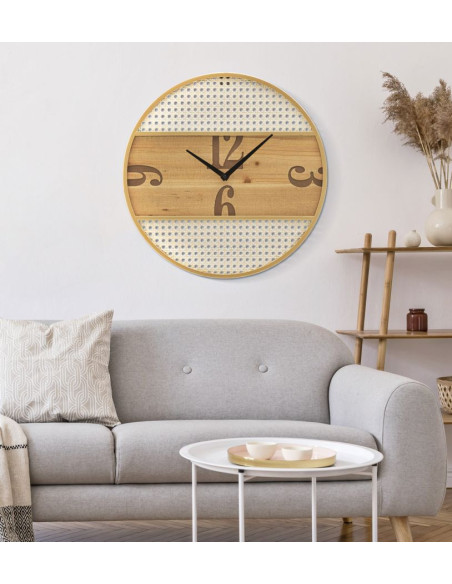 Grande Horloge murale moderne Ronde 50 cm en Bois Naturel Métal Doré Blanc Fuji 