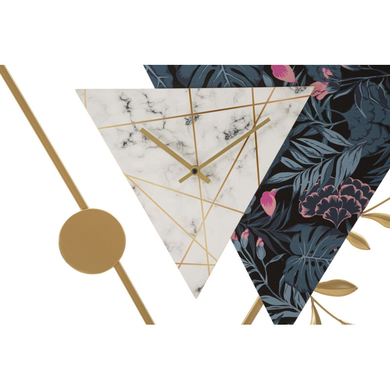 Grande Horloge design moderne Triangulaire 75x59 en Métal Doré Bois Effet marbre Motif Jungle Teryn 