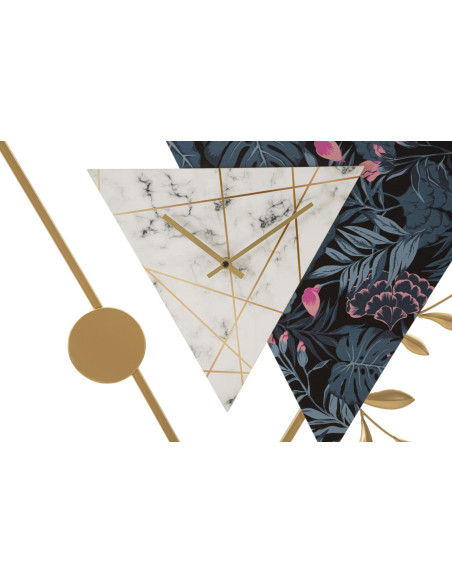 Grande Horloge design moderne Triangulaire 75x59 en Métal Doré Bois Effet marbre Motif Jungle Teryn 