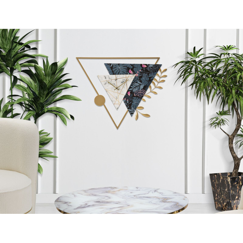 Grande Horloge design moderne Triangulaire 75x59 en Métal Doré Bois Effet marbre Motif Jungle Teryn 