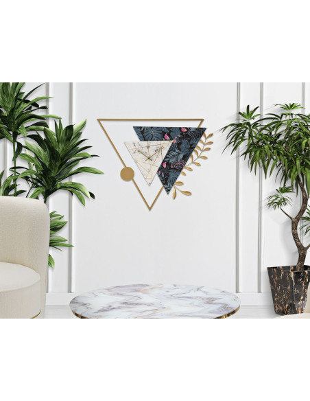 Grande Horloge design moderne Triangulaire 75x59 en Métal Doré Bois Effet marbre Motif Jungle Teryn 