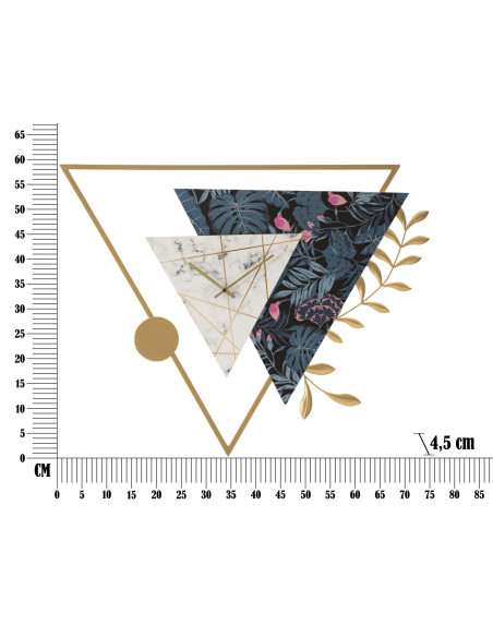 Grande Horloge design moderne Triangulaire 75x59 en Métal Doré Bois Effet marbre Motif Jungle Teryn 