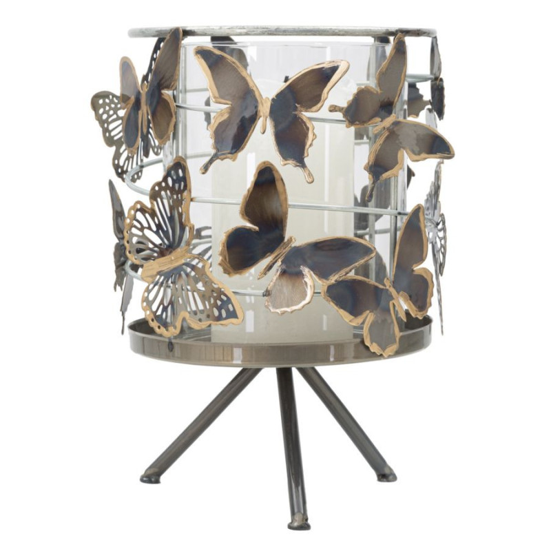 Grand Photophore original Papillons Hauteur 23 cm en Verre Transparent Métal Jorya 