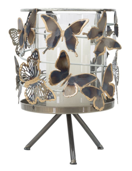 Grand Photophore original Papillons Hauteur 23 cm en Verre Transparent Métal Jorya 