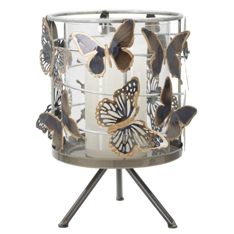 Grand Photophore original Papillons Hauteur 23 cm en Verre Transparent Métal Jorya 