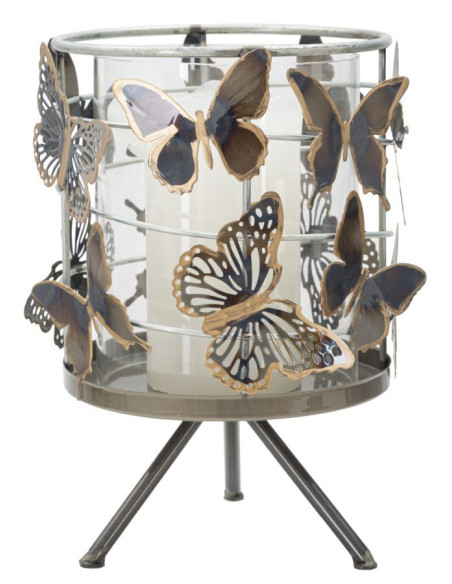 Grand Photophore original Papillons Hauteur 23 cm en Verre Transparent Métal Jorya 