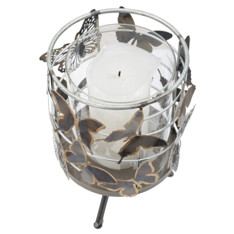 Grand Photophore original Papillons Hauteur 23 cm en Verre Transparent Métal Jorya 