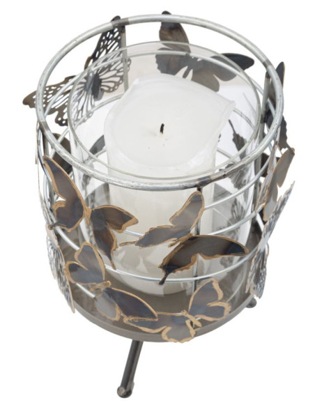 Grand Photophore original Papillons Hauteur 23 cm en Verre Transparent Métal Jorya 