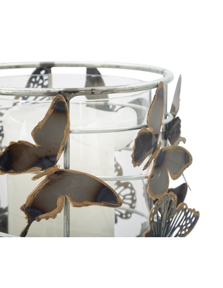 Grand Photophore original Papillons Hauteur 23 cm en Verre Transparent Métal Jorya 