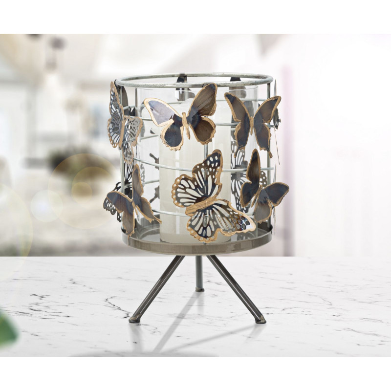 Grand Photophore original Papillons Hauteur 23 cm en Verre Transparent Métal Jorya 