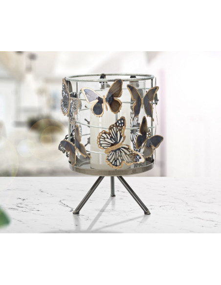 Grand Photophore original Papillons Hauteur 23 cm en Verre Transparent Métal Jorya 