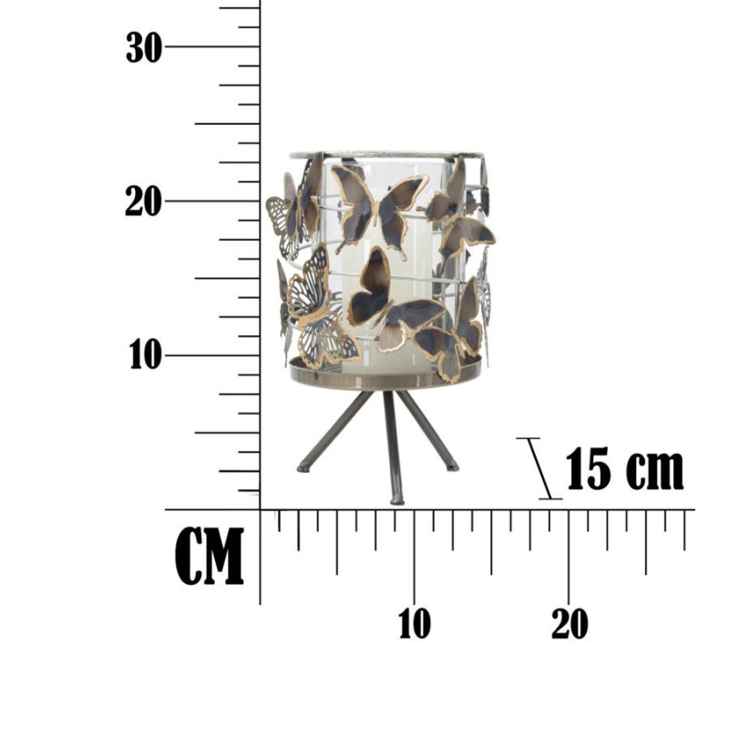 Grand Photophore original Papillons Hauteur 23 cm en Verre Transparent Métal Jorya 