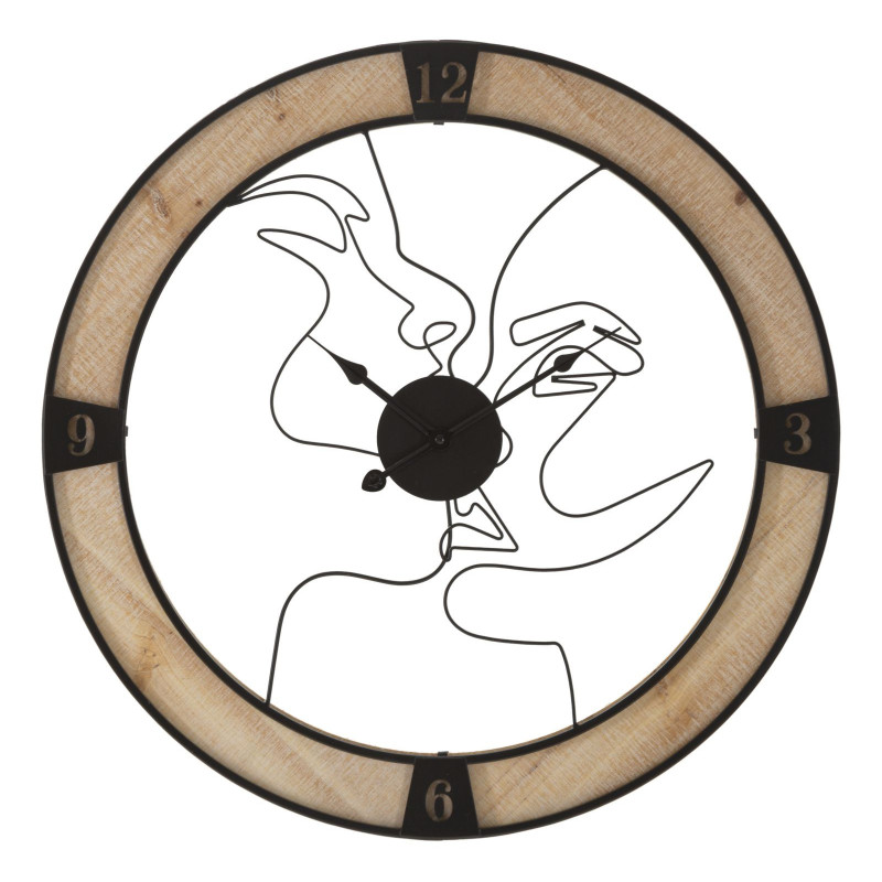 Grande Horloge murale Couple abstrait Ronde 60 cm en Métal Noir Bois Naturel Tovyn 