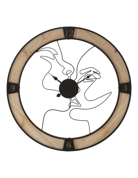 Grande Horloge murale Couple abstrait Ronde 60 cm en Métal Noir Bois Naturel Tovyn 