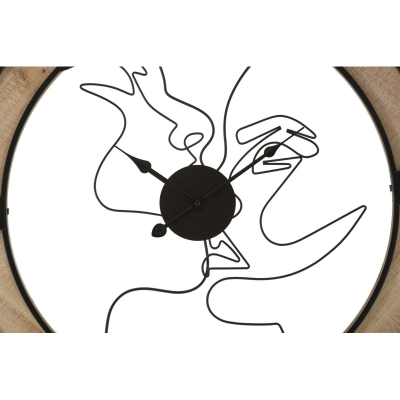 Grande Horloge murale Couple abstrait Ronde 60 cm en Métal Noir Bois Naturel Tovyn 